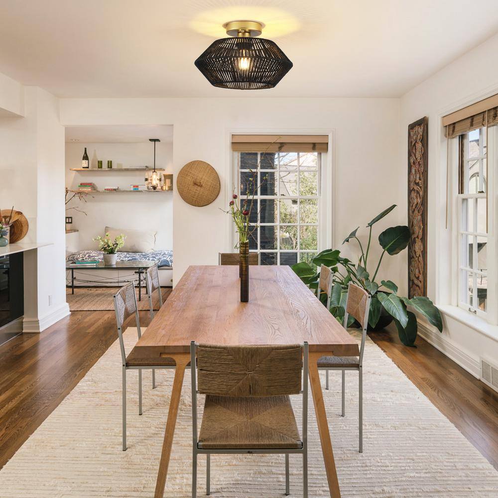 12.59 in. 1-Light Gold and Black Metal Semi-Flush Mount Light with Imitation Hemp Rope Shade and No Bulbs Included - Hercitys