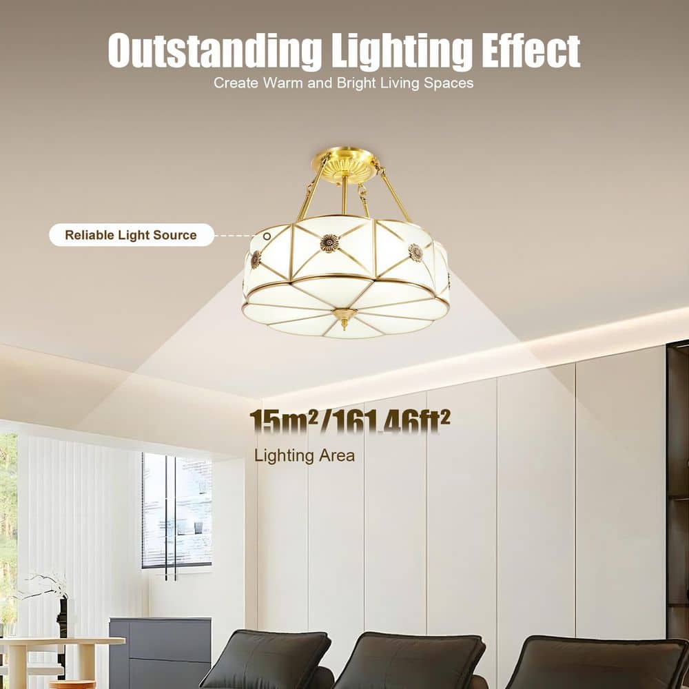 18 in. 4-Light Classical Style Gold Semi-Flush Mount Ceiling Light with Glass Lampshade - Hercitys