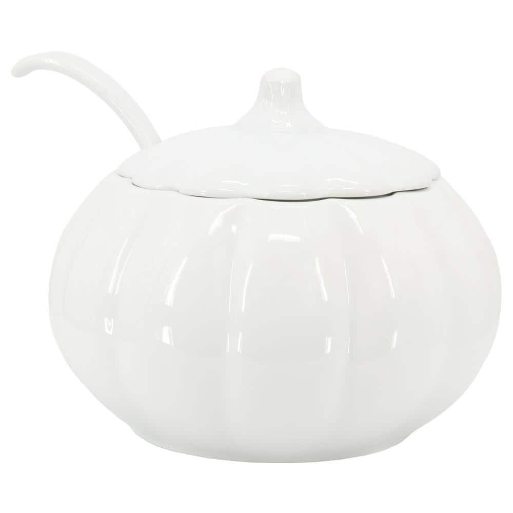 10.6 in. 160 fl. oz. White Ceramic Pumpkin Soup Tureen Serving Bowl with Lid and Ladle - Hercitys