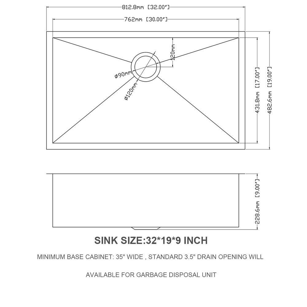 32 in. Undermount Single Bowl 9 in. D Stainless Steel Kitchen Sink - Hercitys