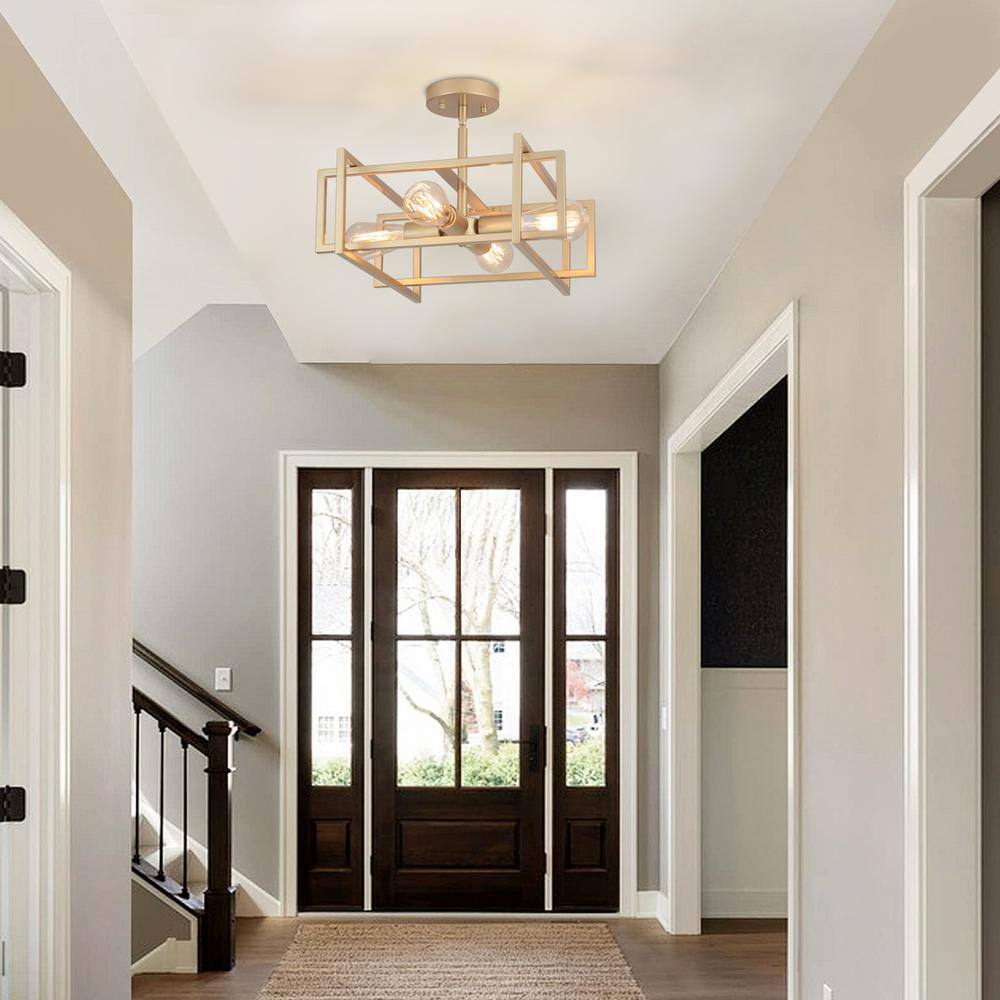 14.96 in. 4-Light Geometric Gold Modern Semi-Flush Mount Ceiling Light with No Bulbs Included - Hercitys