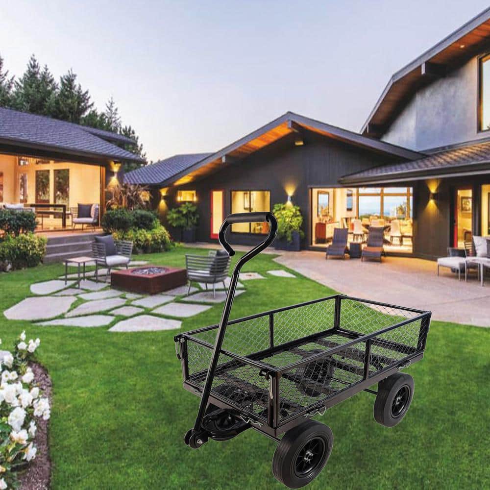 3.5 cu. ft. Black Metal Garden Cart with Removable Sides and Adjustable Handle - Hercitys