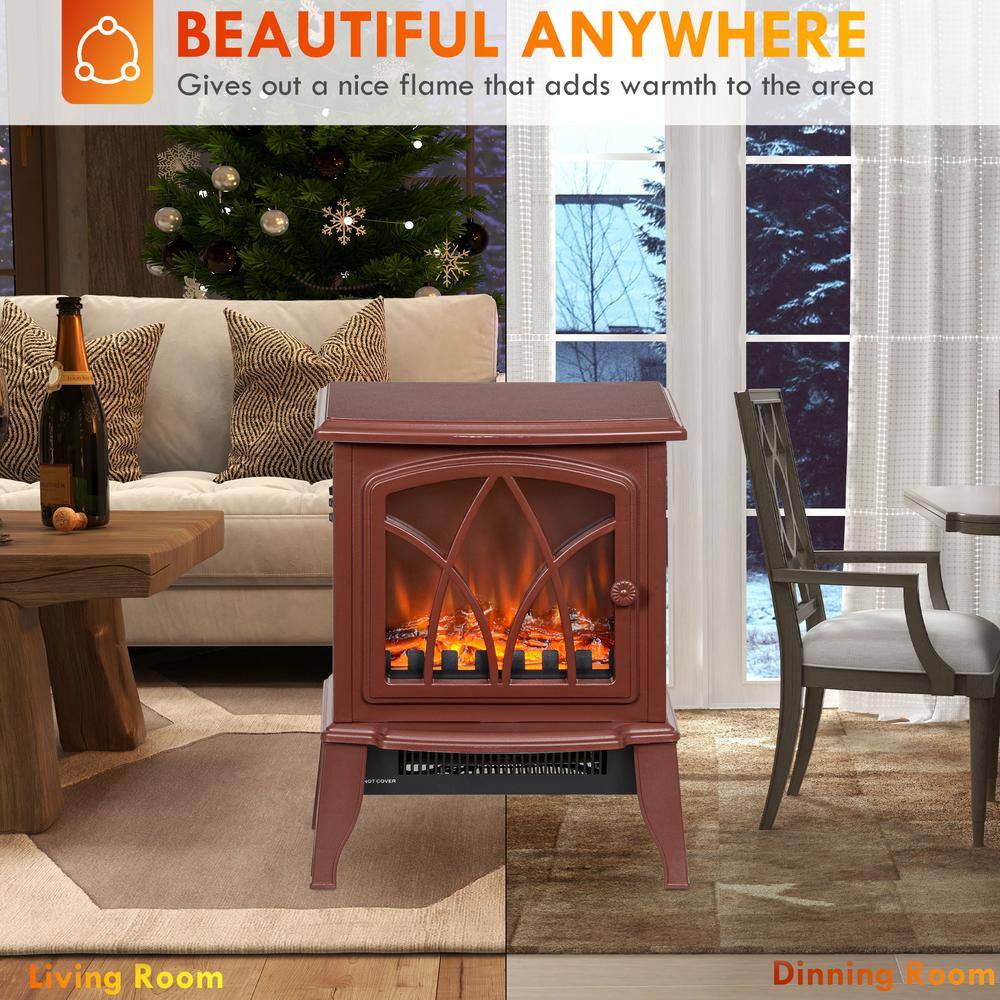 14.25 in. Freestanding Electric Fireplace Heater with Realistic LED Flames and Logs in Red - Hercitys