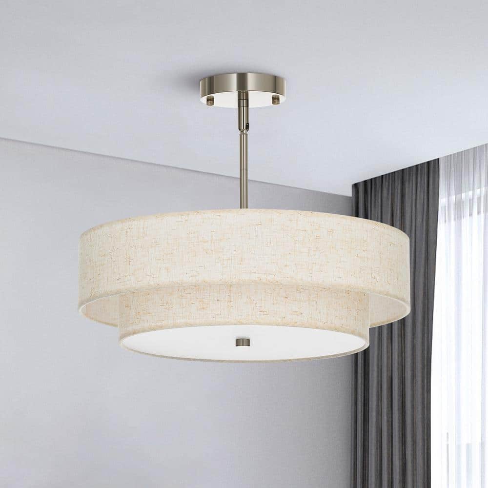 18 in. 4-Light Brushed Nickel Semi-Flush Mount Ceiling Light Fixture Drum Pendant Light with 2-Layer Fabric Shade - Hercitys