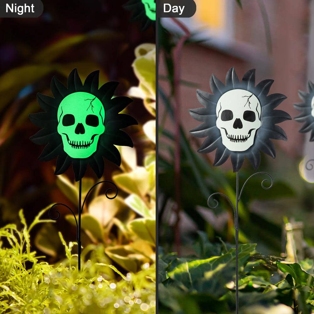 24 in. H Halloween Metal Sunflower Skulls Glow-In-Dark Yard Stake (Set of 3) - Hercitys