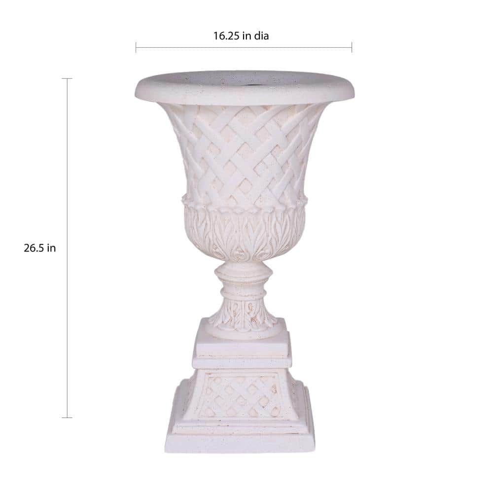 26.5 in. H. Light Aged White Cast Stone Fiberglass Lattice Urn and Pedestal - Hercitys