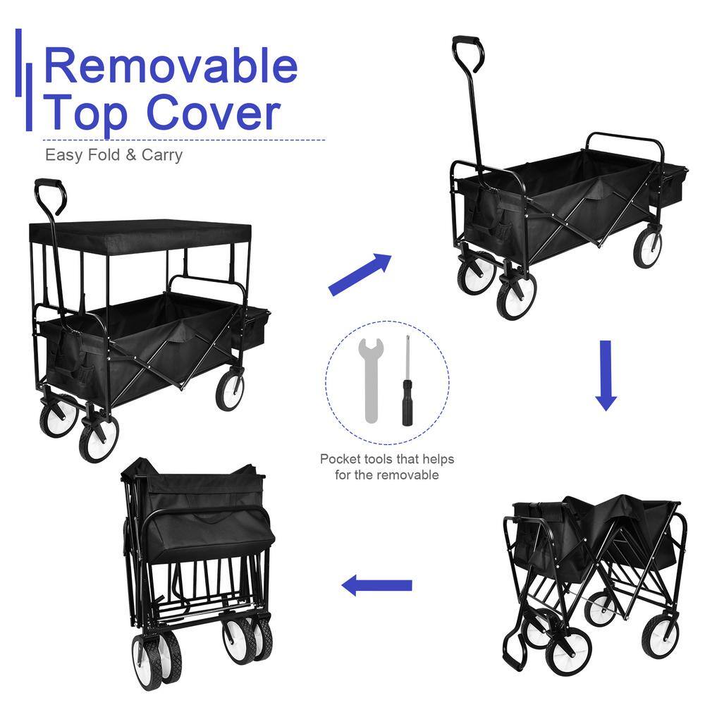 5 cu. ft. Black Steel Garden Cart with Removable Canopy, 8 in. Wheels, Adjustable Handles and Double Fabric - Hercitys