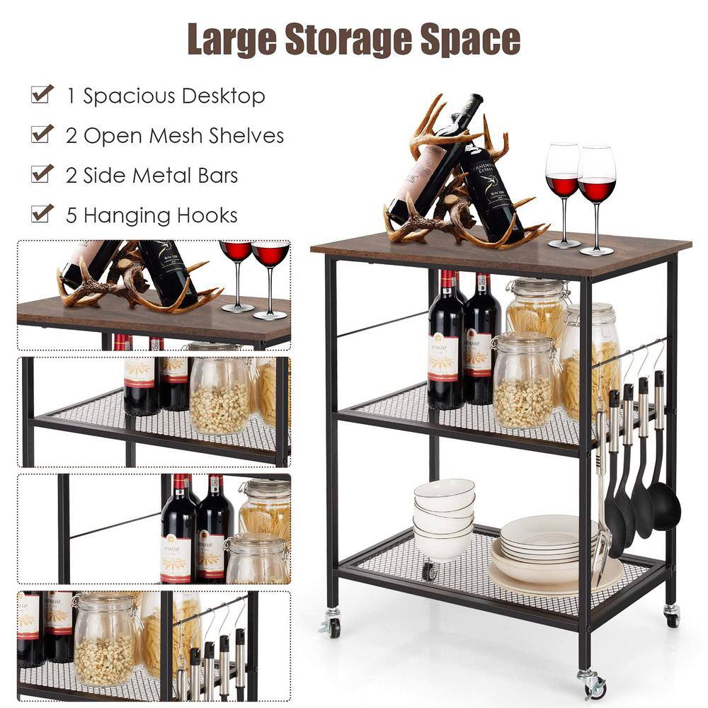 3-Tier Brown Kitchen Serving Cart Utility Standing Microwave Rack with Hooks - Hercitys