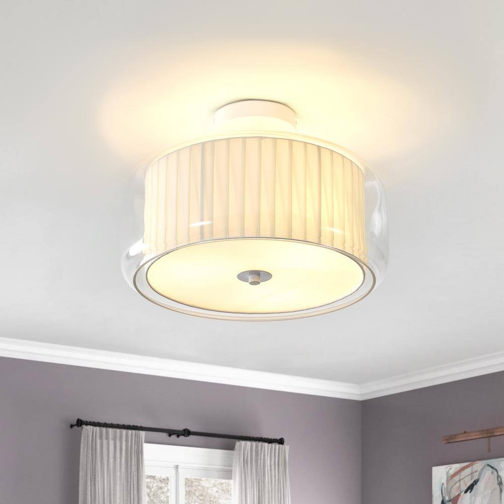 14.96 in. 3-Light White Semi Flush Mount Drum Light Modern Close to Ceiling Lamps with Double Fabric and Glass Shade - Hercitys