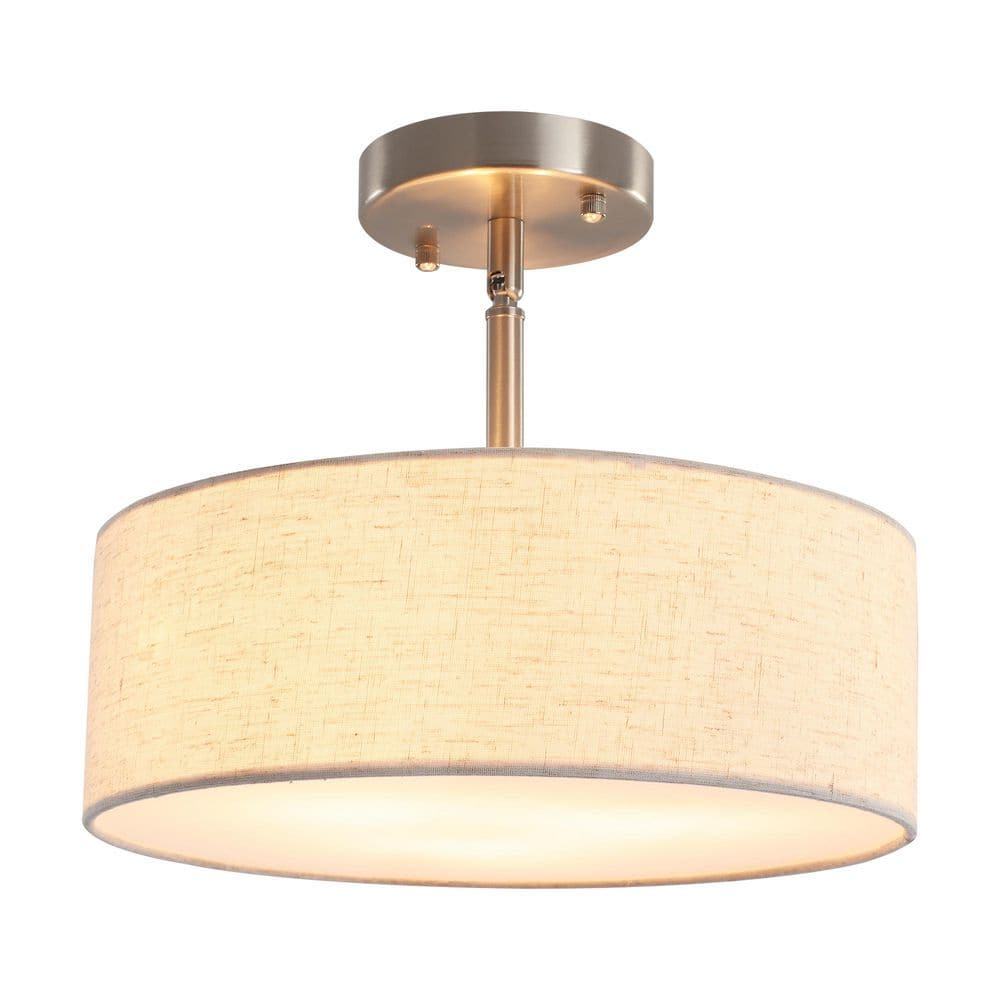 12.6 in. 3-Light Nickel Farmhouse Drum Semi-Flush Mount Light with Linen Cover - Hercitys