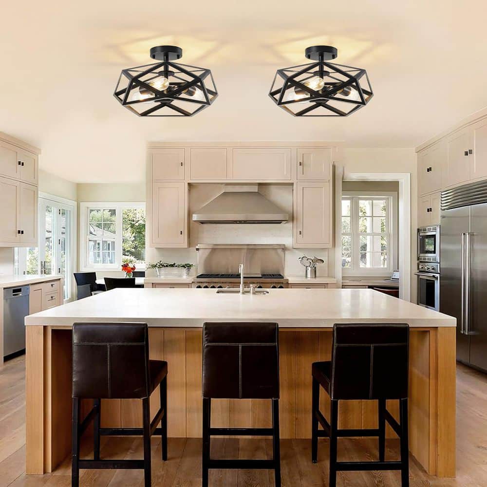 16.1 in. 3-Light Black Geometric Semi Flush Mount Ceiling Light with No Bulbs Included - Hercitys