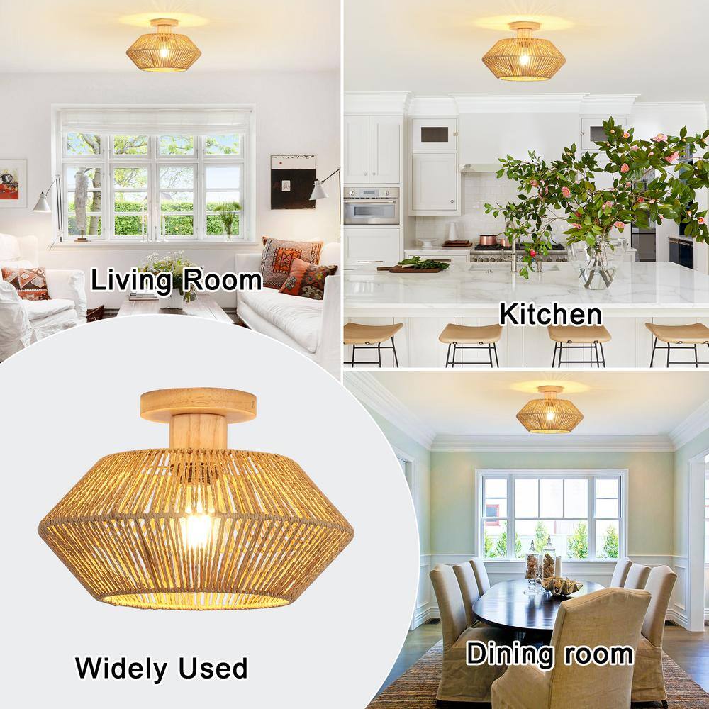 12.6 in. 1-Light Bohemian Woven Rattan Semi-Flush Mount Ceiling Light - Hercitys