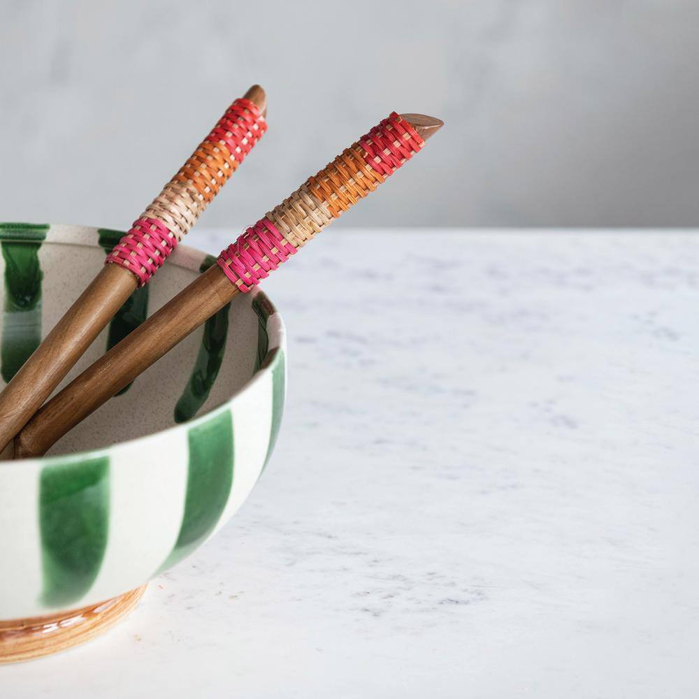 2-Piece Teakwood Salad Servers with Rattan Wrapped Handles and Drawstring Bag - Hercitys