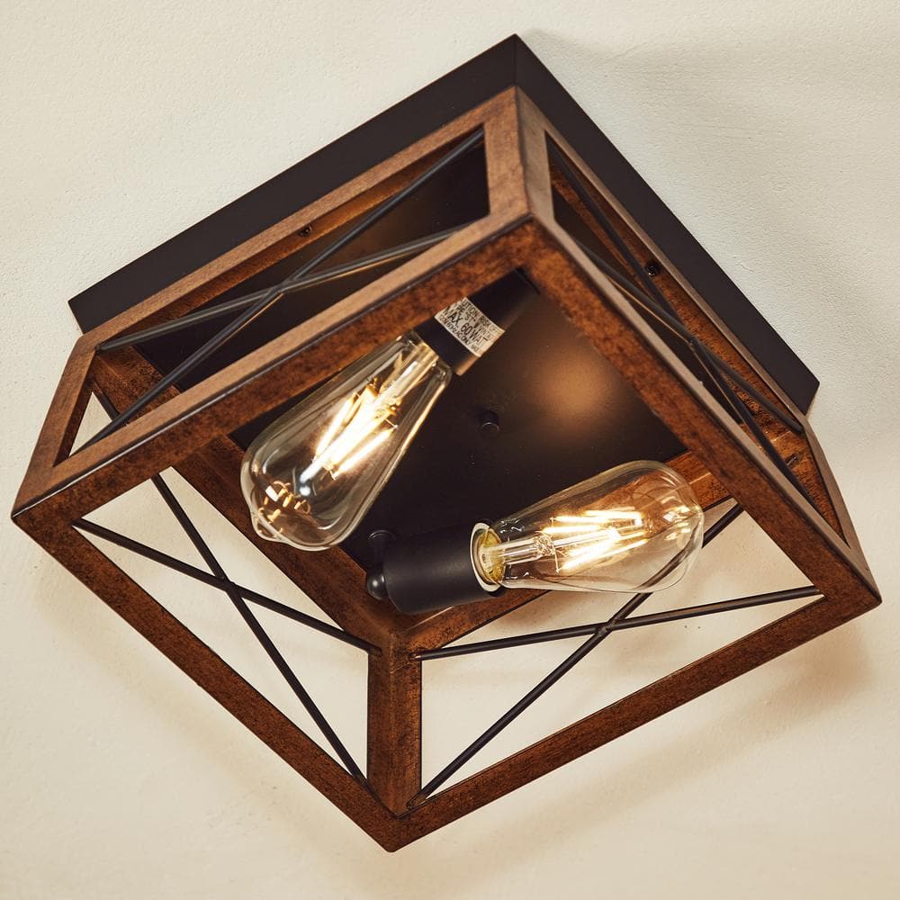 2-Light Farmhouse Barnwood and Matte Black Flush Mount Ceiling Light - Hercitys