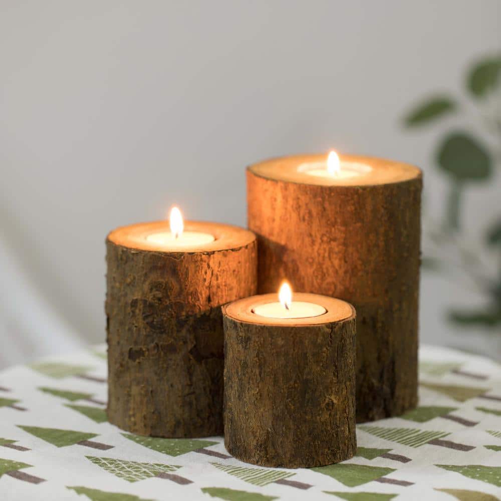 3.75 in. H Bark Wooden Pillar Tree Stump Tea Light Rustic Candle Holder (Set of 3) - Hercitys