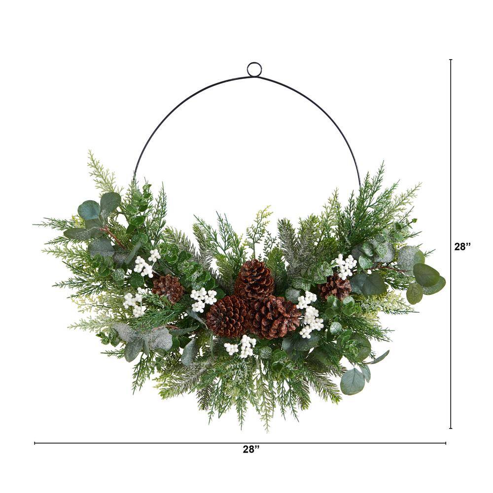 28 in. Unlit Christmas Pine, Eucalyptus and Berries Metal Circlet Artificial Wreath - Hercitys