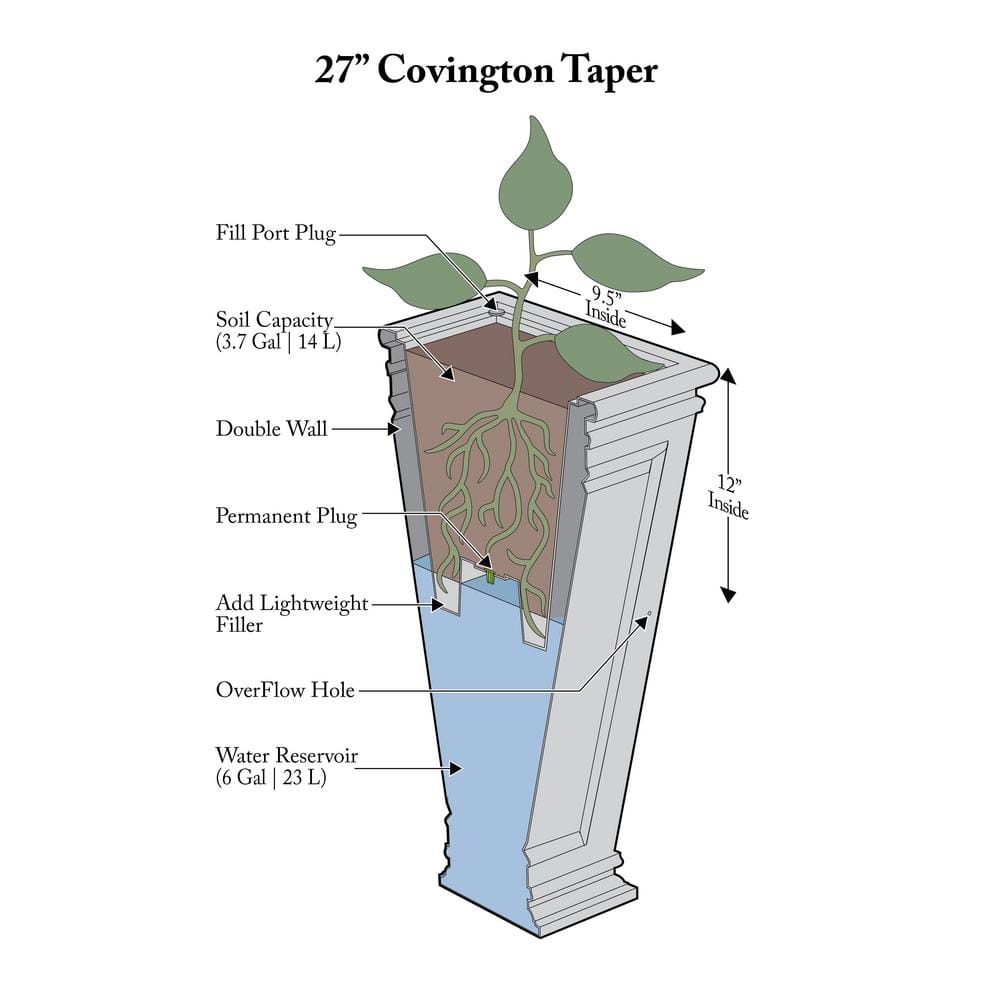27 in. H x 14 in. W Brownstone Tall Square Taper Covington Polyethylene Plastic Self-Watering Planter - Hercitys