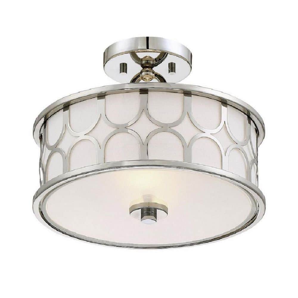 13 in. W x 10 in. H 2-Light Polished Nickel Semi-Flush Mount with White Fabric Shade and Geometric Metal Frame - Hercitys
