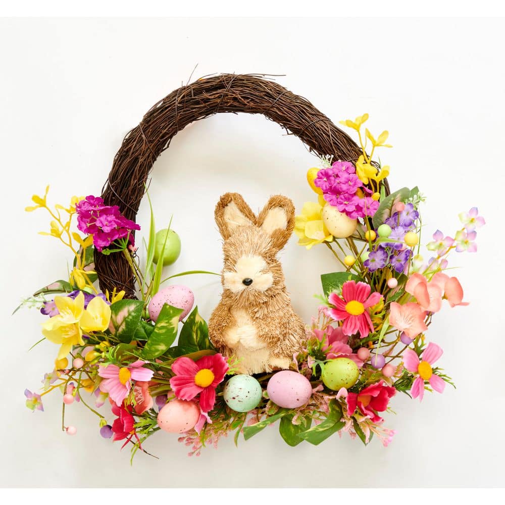 18 in Easter Eggs, Flowers and Bunny Sitting on Half Wreath - Hercitys