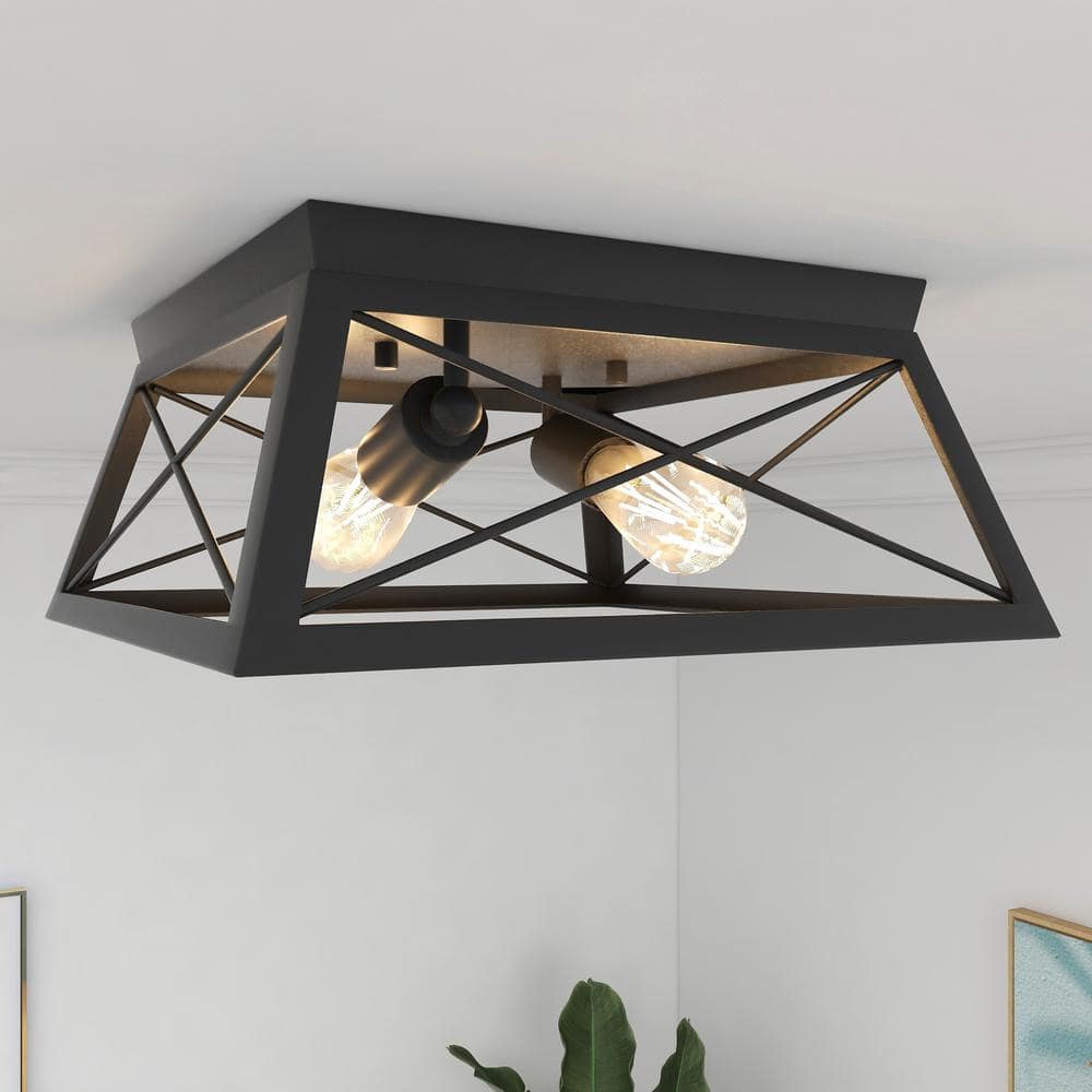12 in. 2-Light Black Industrial Rectangle Flush Mount Ceiling Light Fixture - Hercitys