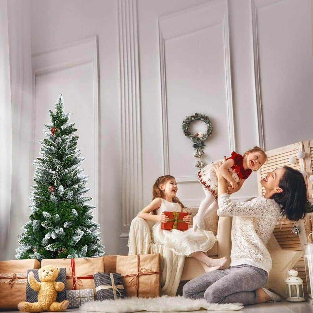 5 ft. Green and White Unlit Snow Flocked Artificial Christmas Tree Pencil with Hinged Pine Cones - Hercitys