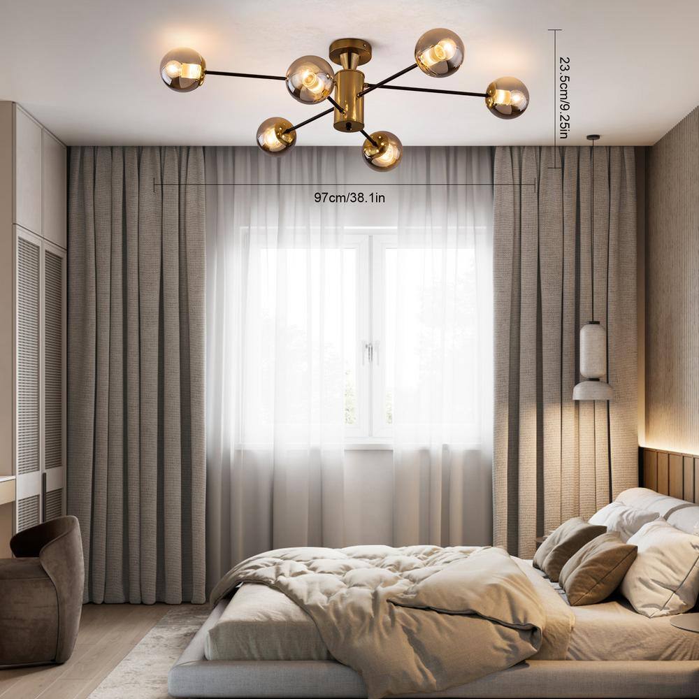 38.1 in. 6-Light Gold Modern Sputnik Semi-Flush Mount Ceiling Light with Smoky Grey Glass Shade, No Bulbs Included - Hercitys