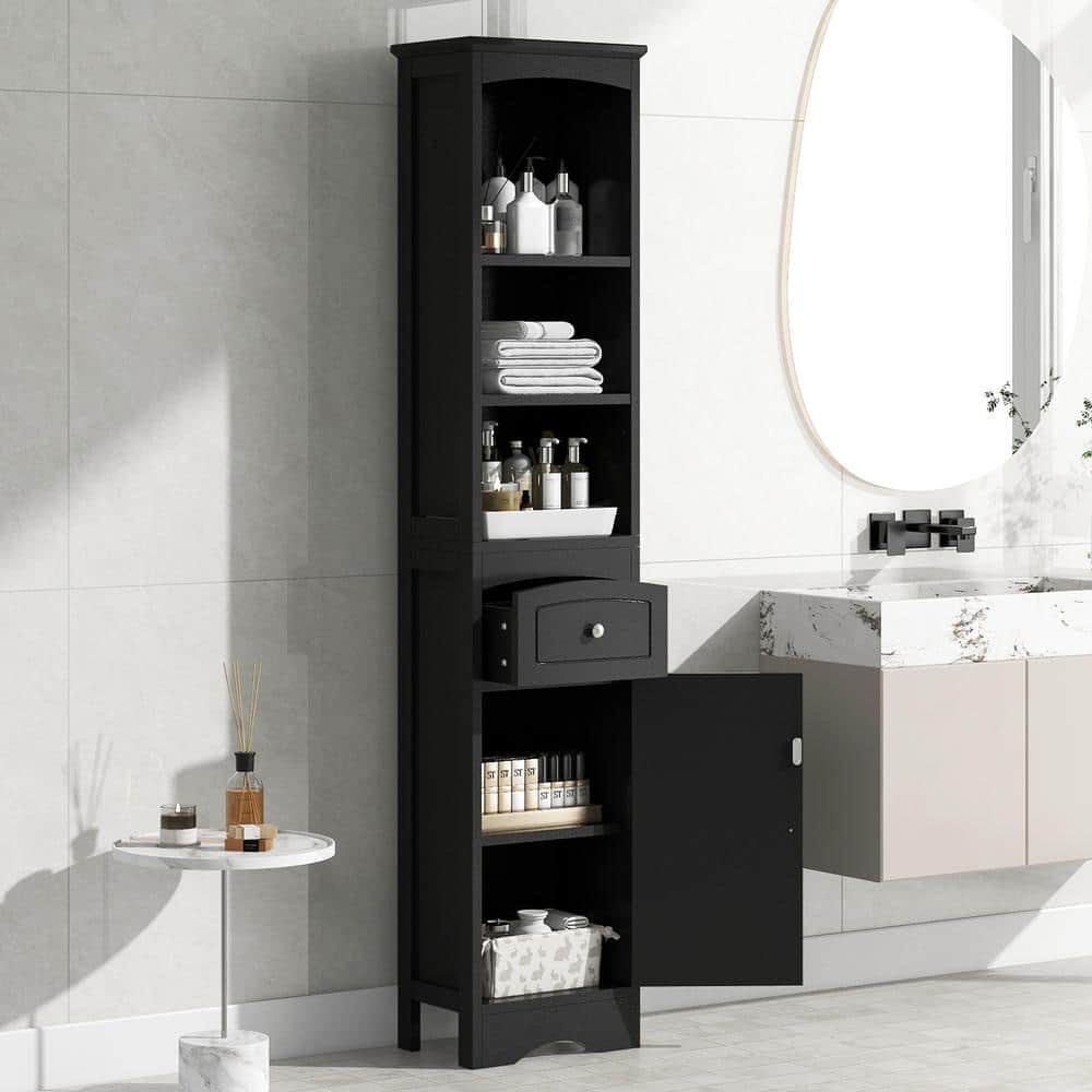 13.4 in. W x9.1in. D x 66.9 in. H Black MDF Ready to Assemble Tall Bathroom Cabinet with Drawer and Adjustable Shelf - Hercitys