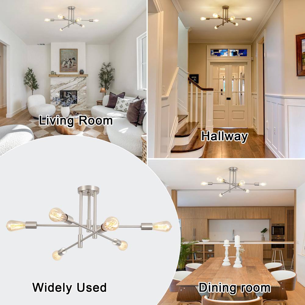 27.56 in. 6-Light Nickel Sputnik Semi- Flush Mount Ceiling Lights with 360°Rotatable Light Arm - Hercitys