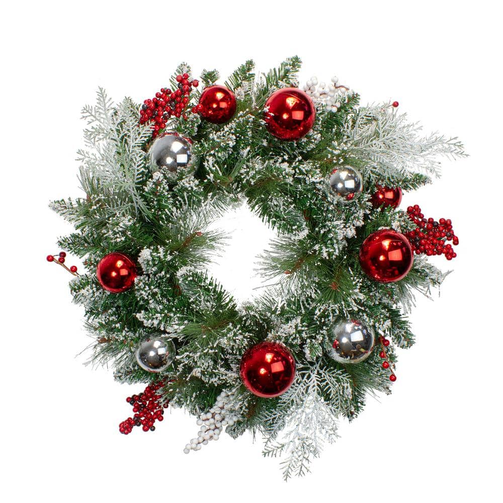 24 in. x 6 in. Unlit Flocked Mixed Pine Wreath with Ornaments and Berries Artificial Christmas - Hercitys