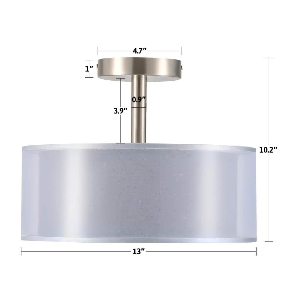 13 in. 3-Light Gray Semi-Flush Mount Ceiling Light Fixture Drum Light Fixture with 2-Layer Fabric Shade - Hercitys