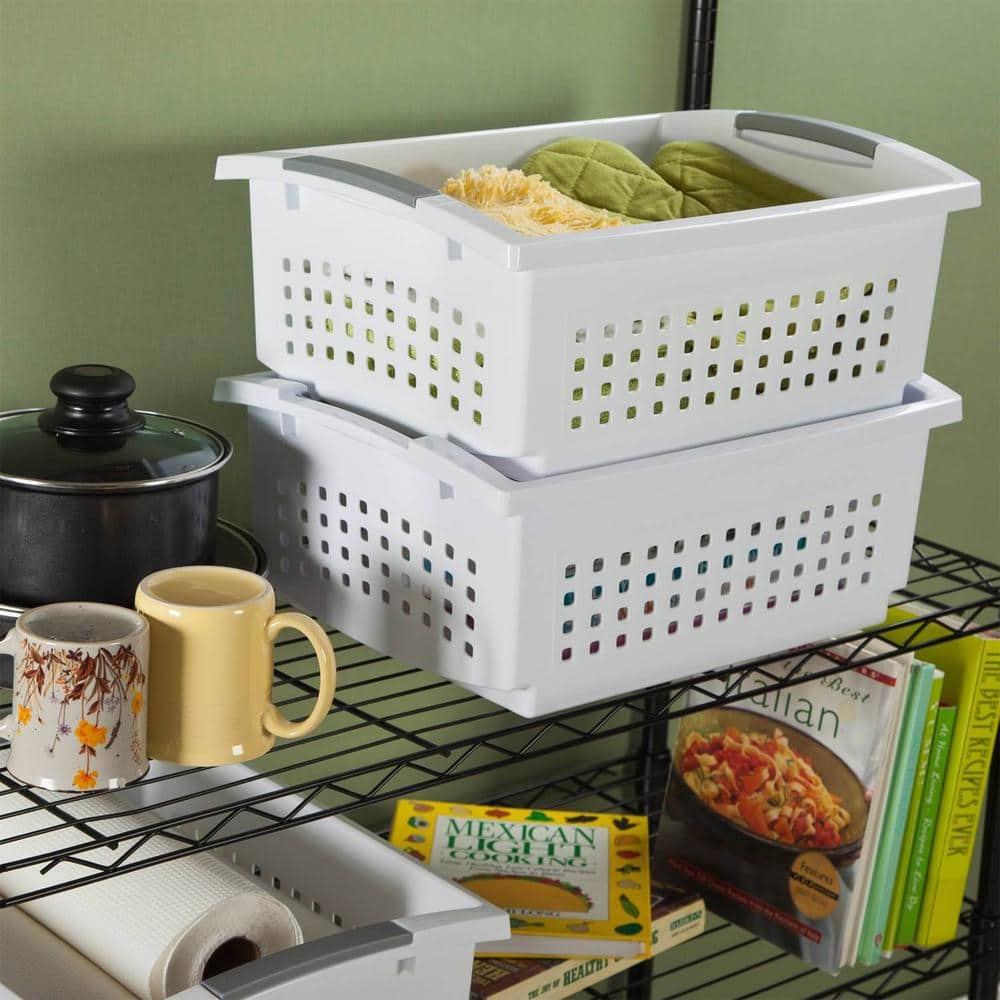 5.38 in. D x 8.63 in. W x 12.5 in. H White Small Stacking Basket with Titanium Accents (8-Pack) - Hercitys