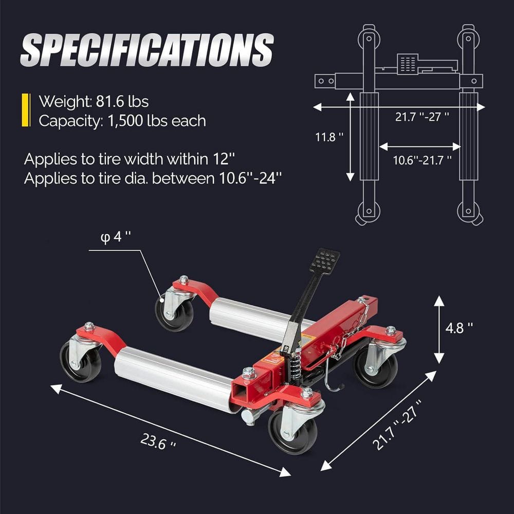 1500 lbs. Capacity Hydraulic Car Wheel Dolly in Red 2-Pack - Hercitys