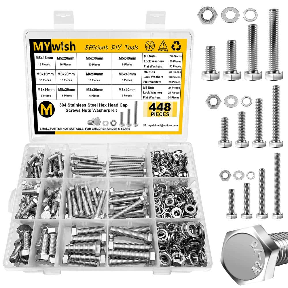 448-Piece M5 M6 M8 Hex Head Bolt, Nut and Washer Assortment Kit, 304-Stainless Steel Nut Bolt Set - Hercitys