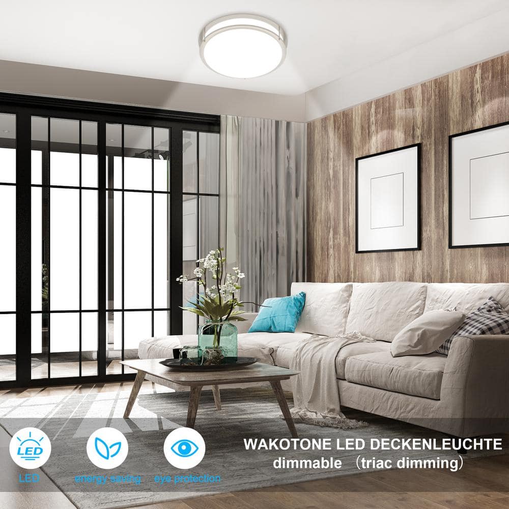 14 in. 20-Watt, 1600 Lumens Brushed Nickel LED Finish Double Ring CCT Flush Mount Ceiling Light - Hercitys