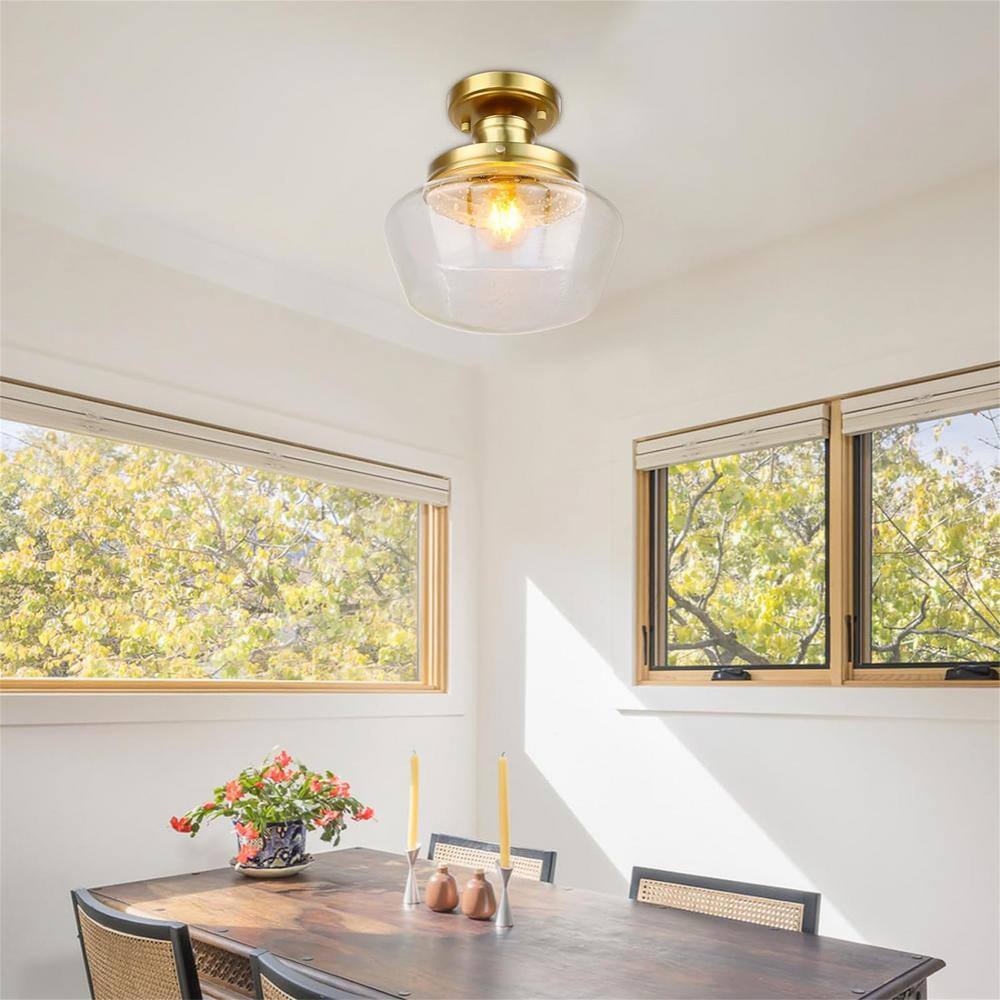 10 in. 1-Light Gold Semi Flush Mount Farmhouse Ceiling Light Fixture with Seeded Glass Shade E26 Bulb Base Ceiling Light - Hercitys