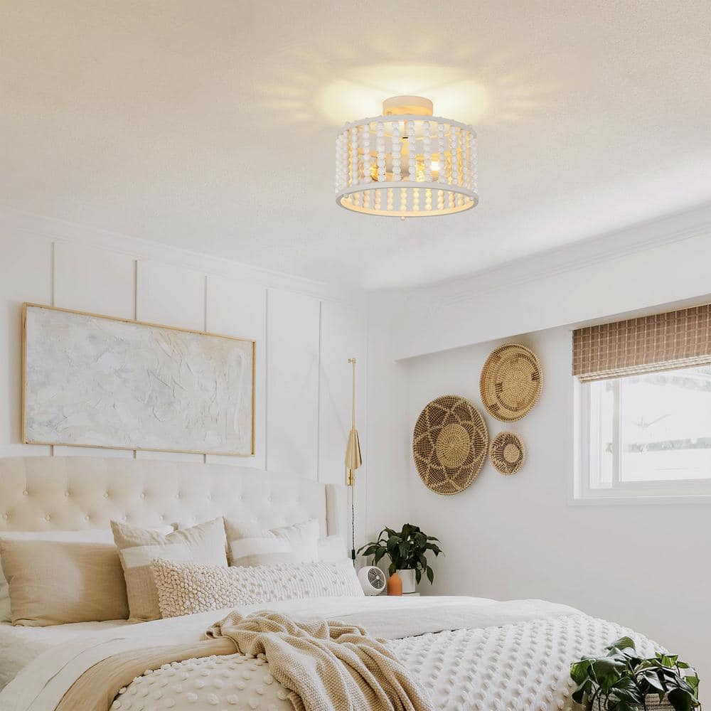 12.6 in. 3-Light White Farmhouse Wood Beaded Shade Semi-Flush Mount Ceiling Light - Hercitys