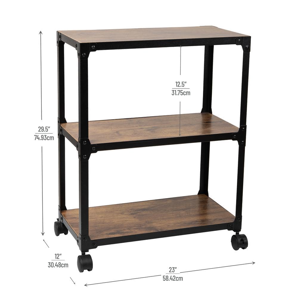 3-Tier Wood/Metal 4-Wheeled Rolling Bar Cart Microwave Stand in Brown - Hercitys