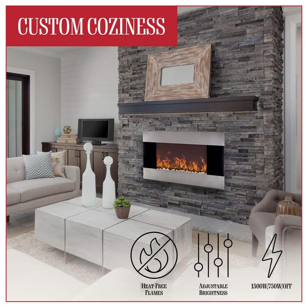 36 in. Stainless Steel Electric Fireplace with Wall Mount and Remote in Silver - Hercitys