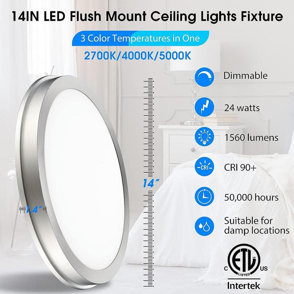 14 in. Brushed Nickel Slim Flush Mount with Frosted Glass Shade 3-Color Integrated LED Dimmable Lamp - Hercitys