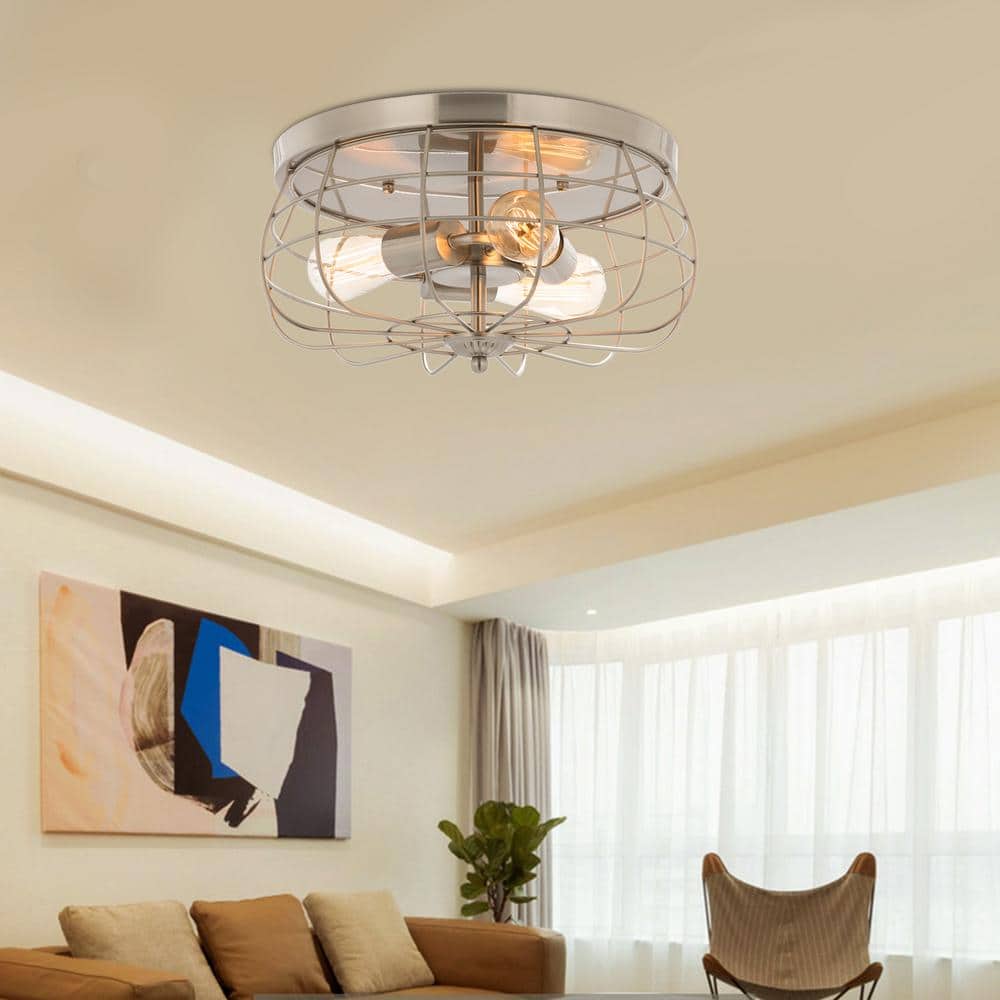 15 in. Industrial 3-Light Brushed Nickel Metal Cage Flush Mount - Hercitys