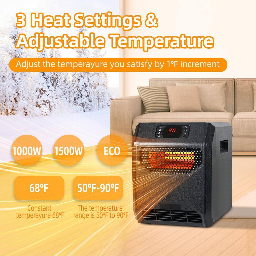 1500-Watt Black 4 element infrared wood heater with Timer, LED Display, Child Lock - Hercitys