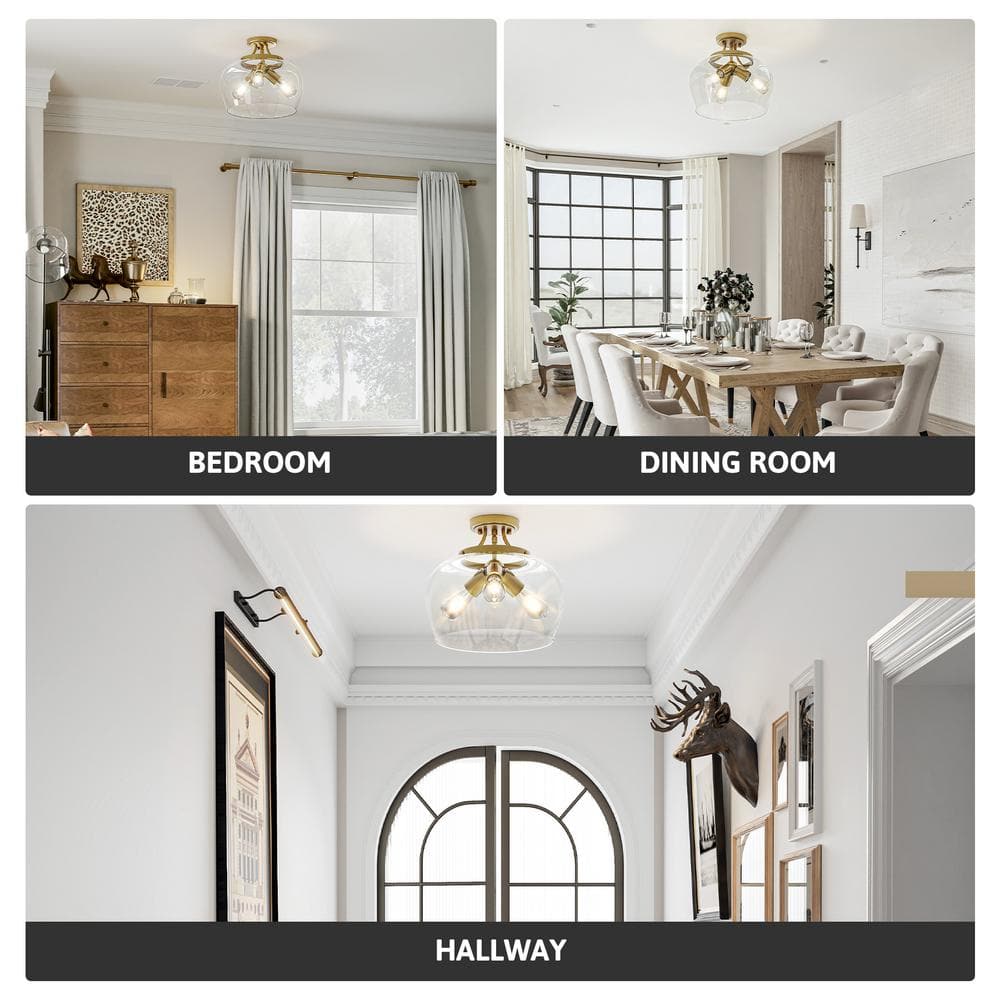 11 in. 3-Light Antique Brass Semi-Flush Mount Ceiling Light with Glass Shade - Hercitys