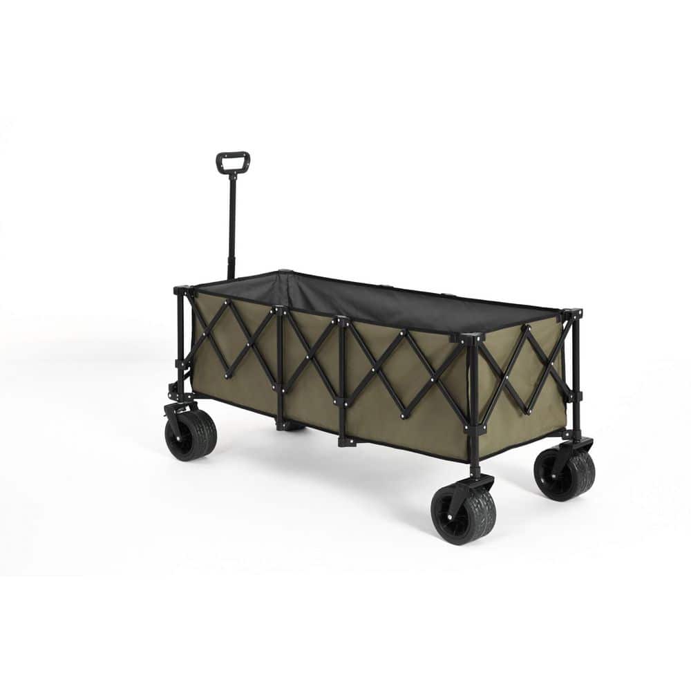 16 cu. ft. Steel Garden Cart, Foldable Extended Wagon with 220lbs Capacity, Big All-Terrain Wheel&Drink Holder in Green - Hercitys