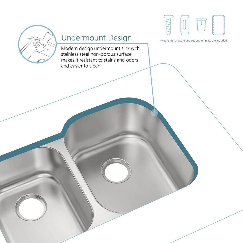 31.5 in. 40/60 Double Bowl Undermount 18 Gauge Stainless Steel Kitchen Sink - Hercitys