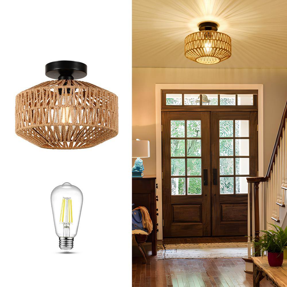 11.8 in. Rattan Brown Chandelier Light Fixture with Dimmable LED Bulb, Mini Hand Woven Flush Mount Ceiling Light - Hercitys