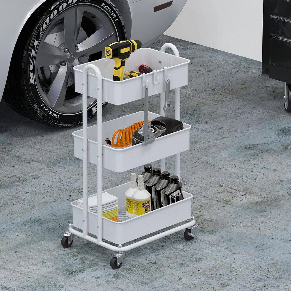 3-Tier Metal -Wheeled Utility Cart in White - Hercitys