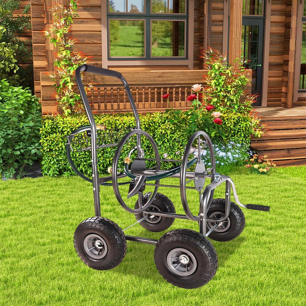 2 cu. ft. Metal Garden Cart – 4 Wheels Portable Garden Hose Reel Cart with Storage Basket - Hercitys