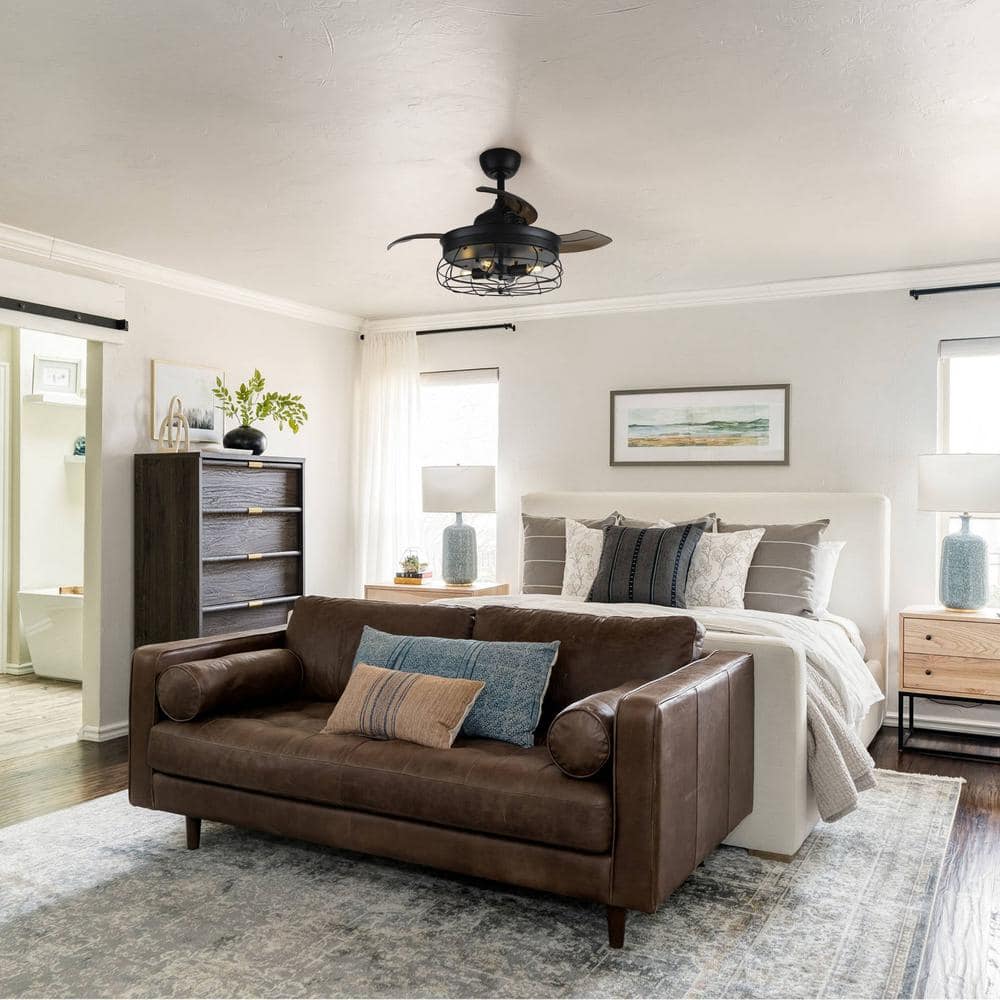 36 in. Downrod Mount Retractable 3-Blade Black Ceiling Fan with Light Kit and Remote Control - Hercitys