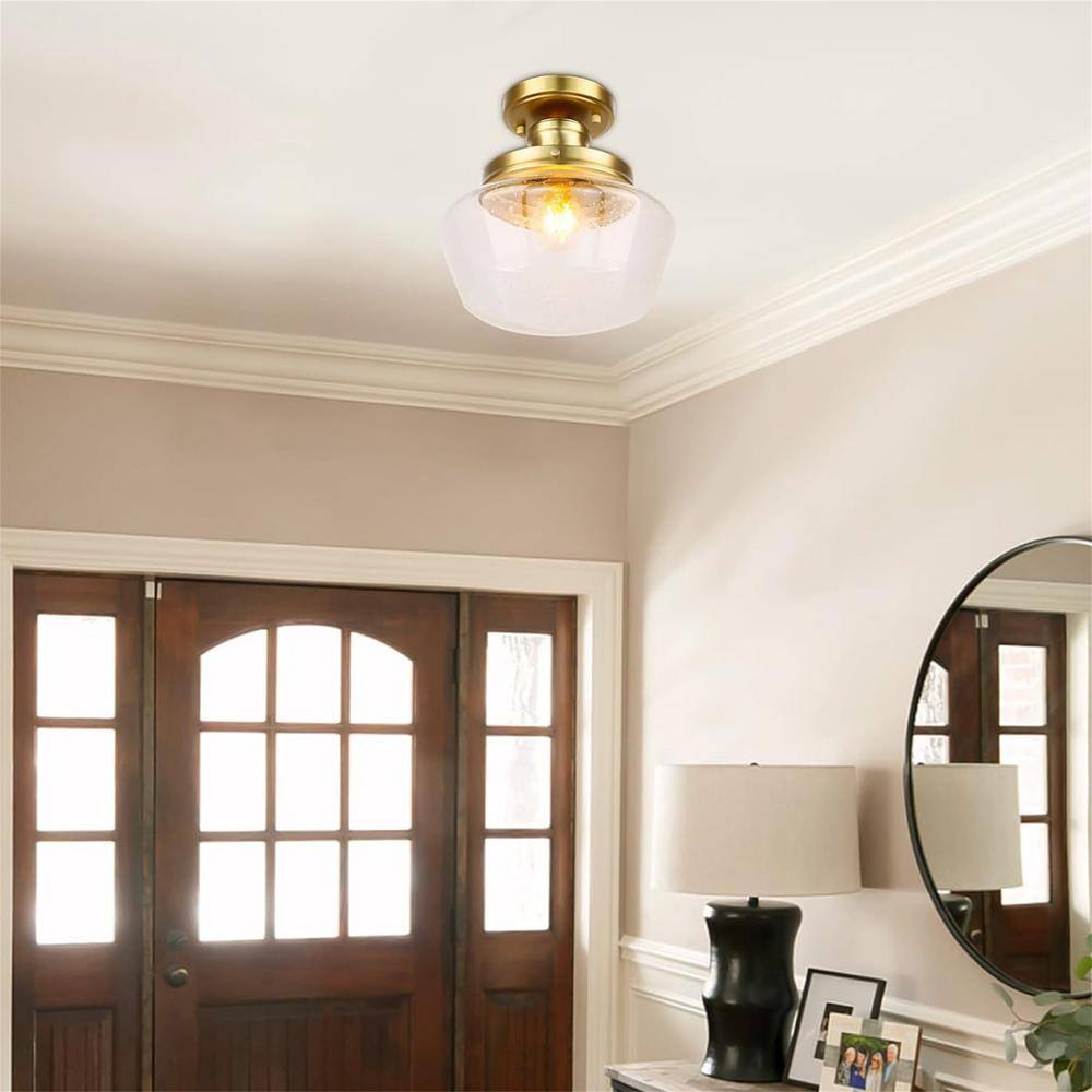 10 in. 1-Light Industrial Semi Flush Mount Gold Pendant Light with Glass Shade for Hallway Corridor Kitchen - Hercitys