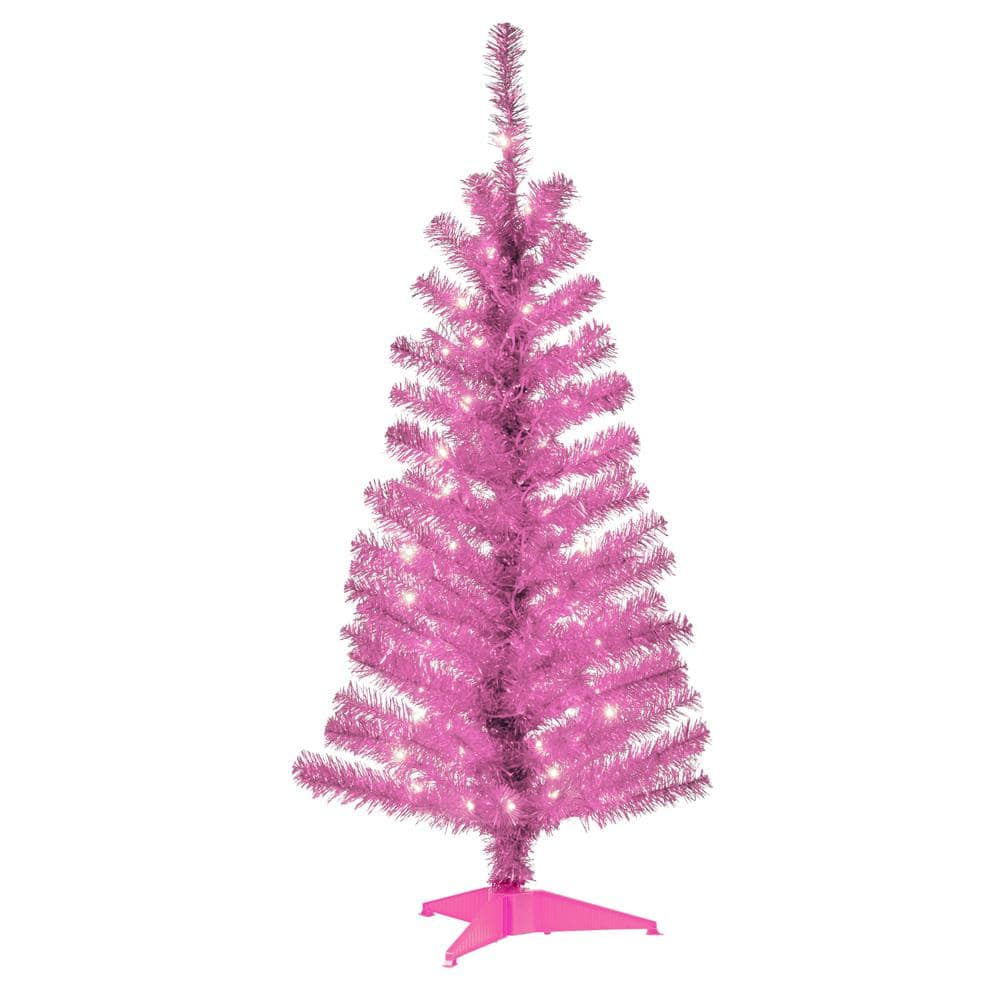 4 ft. Pink Tinsel Artificial Christmas Tree with Clear Lights - Hercitys